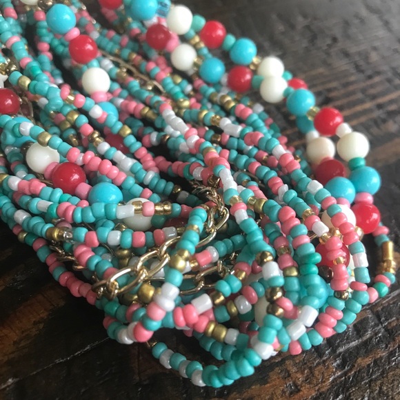 SEED BEAD Multi Strand Statement Necklace Teal Red White Coral NEW! 497A1 - Picture 5 of 9